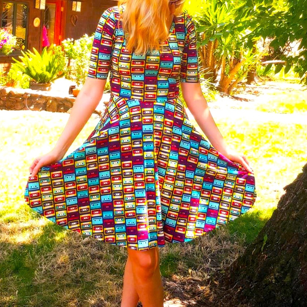 Vintage cassette tapes Lularoe Nicole fit & flare dress 👗